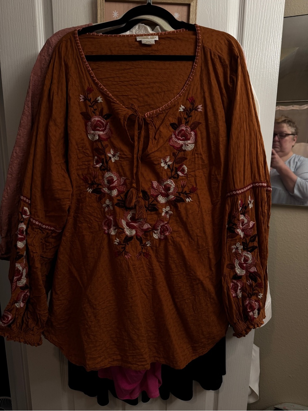 Embroidered Peasant Tunic Top - Rust Brown